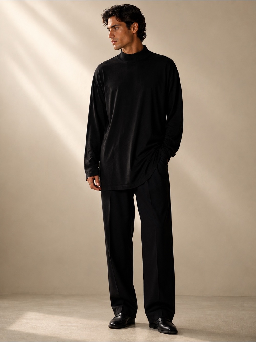Vintage Versace Black Long Sleeve Top Mockneck High Neck Long Hem XL